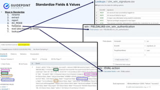 Copyright ©2023 | guidepointsecurity.com
• Ways to Standardize
1. rename
2. extract
3. report
4. KV_MODE
5. fieldalias
6. eval (also known as fields)
7. lookup
Standardize Fields & Values
 
