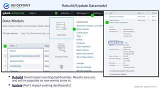 Copyright ©2023 | guidepointsecurity.com
Rebuild/Update Datamodel
• Rebuild Could impact existing dashboard(s). Results zero out,
and will re-populate as new events come in.
• Update Won’t impact existing dashboard(s)
 