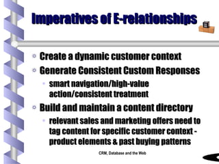 Imperatives of E-relationships Create a dynamic customer context Generate Consistent Custom Responses smart navigation/high-value action/consistent treatment Build and maintain a content directory relevant sales and marketing offers need to tag content for specific customer context - product elements & past buying patterns 