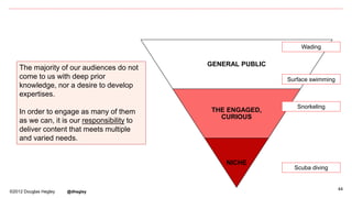 44
GENERAL PUBLIC
THE ENGAGED,
CURIOUS
NICHE
The majority of our audiences do not
come to us with deep prior
knowledge, nor a desire to develop
expertises.
In order to engage as many of them
as we can, it is our responsibility to
deliver content that meets multiple
and varied needs.
Surface swimming
Snorkeling
Scuba diving
Wading
©2012 Douglas Hegley @dhegley
 