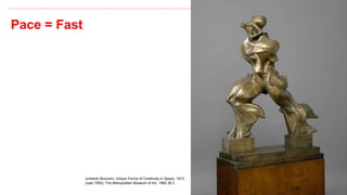 9
Pace = Fast
Umberto Boccioni, Unique Forms of Continuity in Space, 1913
(cast 1950), The Metropolitan Museum of Art, 1990.38.3
 