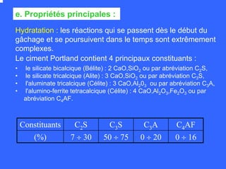 Hydratation : les réactions qui se passent dès le début du
gâchage et se poursuivent dans le temps sont extrêmement
complexes.
e. Propriétés principales :
Le ciment Portland contient 4 principaux constituants :
• le silicate bicalcique (Bélite) : 2 CaO,SiO2 ou par abréviation C2S,
• le silicate tricalcique (Alite) : 3 CaO,SiO2 ou par abréviation C3S,
• l'aluminate tricalcique (Célite) : 3 CaO,Al203 ou par abréviation C3A,
• l'alumino-ferrite tetracalcique (Célite) : 4 CaO,Al2O3,Fe2O3 ou par
abréviation C4AF.
0 ÷ 160 ÷ 2050 ÷ 757 ÷ 30(%)
C4AFC3AC3SC2SConstituants
0 ÷ 160 ÷ 2050 ÷ 757 ÷ 30(%)
C4AFC3AC3SC2SConstituants
 