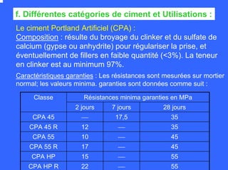 Composition : résulte du broyage du clinker et du sulfate de
calcium (gypse ou anhydrite) pour régulariser la prise, et
éventuellement de fillers en faible quantité (<3%). La teneur
en clinker est au minimum 97%.
f. Différentes catégories de ciment et Utilisations :
Résistances minima garanties en MPaClasse
2 jours 7 jours 28 jours
CPA 45 ⎯ 17,5 35
CPA 45 R 12 ⎯ 35
CPA 55 10 ⎯ 45
CPA 55 R 17 ⎯ 45
CPA HP 15 ⎯ 55
CPA HP R 22 ⎯ 55
Le ciment Portland Artificiel (CPA) :
Caractéristiques garanties : Les résistances sont mesurées sur mortier
normal; les valeurs minima. garanties sont données comme suit :
 