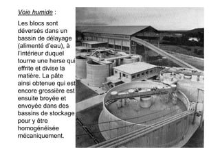 Voie humide :
Les blocs sont
déversés dans un
bassin de délayage
(alimenté d’eau), à
l’intérieur duquel
tourne une herse qui
effrite et divise la
matière. La pâte
ainsi obtenue qui est
encore grossière est
ensuite broyée et
envoyée dans des
bassins de stockage
pour y être
homogénéisée
mécaniquement.
 