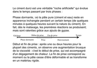 Le ciment durci est une véritable roche artificielle qui évolue
dans le temps passant par trois phases :
Phase dormante : où la pâte pure (ciment et eau) reste en
apparence inchangée pendant un certain temps (de quelques
minutes à quelques heures suivant la nature du ciment). En
fait, dès le malaxage, les premières réactions se produisent;
mais sont ralenties grâce aux ajouts de gypse.
Début et fin de prise : après une ou deux heures pour la
plupart des ciments, on observe une augmentation brusque
de la viscosité : c'est le début de prise, qui est accompagné
d'un dégagement de chaleur. La fin de prise correspond au
moment ou la pâte cesse d'être déformable et se transforme
en un matériau rigide.
Temps
Fin de prise
Début de prise
Gâchage
Durcissement
Prise
Phase dormante
 