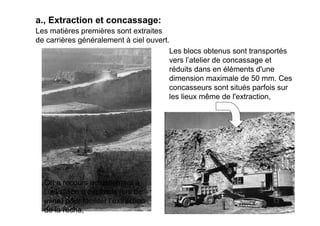a., Extraction et concassage:
Les matières premières sont extraites
de carrières généralement à ciel ouvert.
Les blocs obtenus sont transportés
vers l’atelier de concassage et
réduits dans en éléments d'une
dimension maximale de 50 mm. Ces
concasseurs sont situés parfois sur
les lieux même de l'extraction,
On a recours actuellement à
l’utilisation d’explosifs (tirs de
mine) pour faciliter l’extraction
de la roche,
 