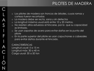 PILOTES DE MADERA

C
L
A
S
I
F
I
A
C
I
Ó
N

o Los pilotes de madera son troncos de árboles, cuyas ramas y
corteza fueron recortadas
o La madera debe ser recta, sana y sin defectos
o La longitud máxima usual está entre 10 y 20 metros.
o No resisten altos esfuerzos al hincarse, por lo que su capacidad
es limitada.
o Se usan zapatas de acero para evitar daños en la punta del
pilote
o En la parte superior del pilote se usan capuchones o cabezales
para evitar daños durante el hincado.
CARACTERÍSTICAS
Longitud usual: 5 a 15 m
Longitud máx: 30 a 40 m
Carga usual: 30 a 50 ton

 