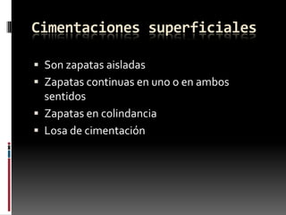 Cimentaciones superficiales
 Son zapatas aisladas
 Zapatas continuas en uno o en ambos

sentidos
 Zapatas en colindancia
 Losa de cimentación

 