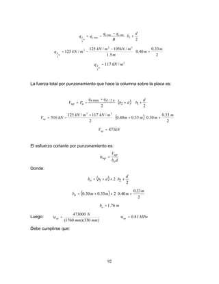 92






+
−
−=
2
2
minmax
max
2
d
b
B
qq
qq uu
u
u
d






+
−
−=
2
33.0
40.0
5.1
/105/125
/125
22
2
2
m
m
m
mkNmkN
mkNq
u
d
2
2
/117 mkNq
u
d =
La fuerza total por punzonamiento que hace la columna sobre la placa es:
( ) 











+⋅+
+
−=
22
12
2/max d
bdb
qq
PV
udu
uup
( ) 











++
+
−=
2
33.0
30.033.040.0
2
/117/125
516
22
m
mmm
mkNmkN
kNVup
kNVup 473=
El esfuerzo cortante por punzonamiento es:
db
V
o
up
up =υ
Donde:
( ) 





+++=
2
2 21
d
bdbbo
( ) 





+++=
2
33.0
40.0233.030.0
m
mmmbo
mbo 1.76=
Luego:
)330)(1760(
473000
mmmm
N
up =υ MPaup 81.0=υ
Debe cumplirse que:
 