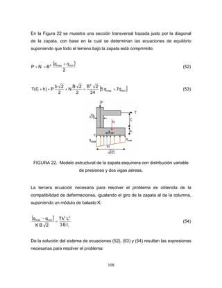 108
En la Figura 22 se muestra una sección transversal trazada justo por la diagonal
de la zapata, con base en la cual se determinan las ecuaciones de equilibrio
suponiendo que todo el terreno bajo la zapata está comprimido.
( )
2
qq
BNP minmax2 +
=+ (52)
[ ]minmax
3
7qq5
24
2B
2
2B
N
2
2b
Ph)(CT +=+++ (53)
FIGURA 22. Modelo estructural de la zapata esquinera con distribución variable
de presiones y dos vigas aéreas.
La tercera ecuación necesaria para resolver el problema es obtenida de la
compatibilidad de deformaciones, igualando el giro de la zapata al de la columna,
suponiendo un módulo de balasto K:
( )
◊
λ
=
−
IE3
LT
2BK
qq 22
minmax
(54)
De la solución del sistema de ecuaciones (52), (53) y (54) resultan las expresiones
necesarias para resolver el problema:
 