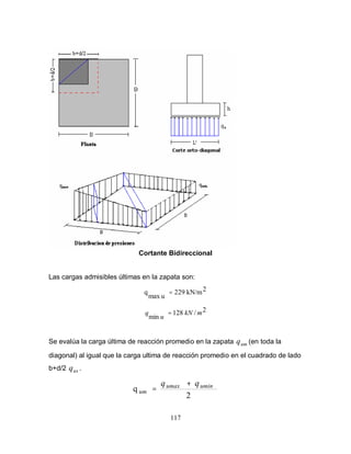 117
Cortante Bidireccional
Las cargas admisibles últimas en la zapata son:
2kN/m292
umax
q =
2/128
min
mkN
u
q =
Se evalúa la carga última de reacción promedio en la zapata umq (en toda la
diagonal) al igual que la carga ultima de reacción promedio en el cuadrado de lado
b+d/2 uxq .
2
q uminumax
um
qq +
=
 