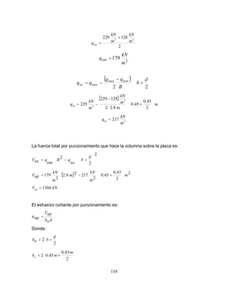 118
2
128229 22
m
kN
m
kN
qum
+
=
2
179
m
kN
qum =
( )






+⋅
⋅
−
−=
22
d
b
B
qq
qq minmax
maxux
( )
m
m
m
kN
m
kN
qux 





+⋅
⋅
−
−=
2
43.0
45.0
8.22
128229
229
2
2
2
217
m
kN
qux =
La fuerza total por punzonamiento que hace la columna sobre la placa es:
2
2
2





 +⋅−⋅=
d
b
ux
qB
um
quxV
( ) 2
2
43.0
45.0
2
21728.2
2
179 m
m
kN
m
m
kN
upV 





+⋅−⋅=
kNVup 1304=
El esfuerzo cortante por punzonamiento es:
dob
upV
up =υ
Donde:






+=
2
2
d
bob






+=
2
43.0
45.02
m
mbo
 