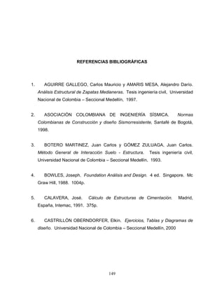 149
REFERENCIAS BIBLIOGRÁFICAS
1. AGUIRRE GALLEGO, Carlos Mauricio y AMARIS MESA, Alejandro Darío.
Análisis Estructural de Zapatas Medianeras. Tesis ingeniería civil, Universidad
Nacional de Colombia – Seccional Medellín, 1997.
2. ASOCIACIÓN COLOMBIANA DE INGENIERÍA SÍSMICA. Normas
Colombianas de Construcción y diseño Sismorresistente, Santafé de Bogotá,
1998.
3. BOTERO MARTINEZ, Juan Carlos y GÓMEZ ZULUAGA, Juan Carlos.
Método General de Interacción Suelo - Estructura. Tesis ingeniería civil,
Universidad Nacional de Colombia – Seccional Medellín, 1993.
4. BOWLES, Joseph. Foundation Análisis and Design. 4 ed. Singapore. Mc
Graw Hill, 1988. 1004p.
5. CALAVERA, José. Cálculo de Estructuras de Cimentación. Madrid,
España, Intemac, 1991. 375p.
6. CASTRILLÓN OBERNDORFER, Elkin. Ejercicios, Tablas y Diagramas de
diseño. Universidad Nacional de Colombia – Seccional Medellín, 2000
 