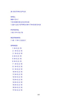 185
26 55 57 M=2 LP=3,0
SHELL
NM=1 Z=-1
1 E=8.94E+06 U=0.2 W=24
1 JQ=1,2,6,7 ETYPE=2 M=1 TH=0.40 G=4,8
POTENTIAL
1 45 1 P=-7.6,-7.6
RESTRAINTS
1 45 1 R=1,1,0,0,0,1
SPRINGS
1 K= 0, 0, 10
2 K= 0, 0, 10
3 K= 0, 0, 10
4 K= 0, 0, 10
5 K= 0, 0, 10
6 K= 0, 0, 10
7 K= 0, 0, 10
8 K= 0, 0, 10
9 K= 0, 0, 10
10 K= 0, 0, 10
11 K= 0, 0, 10
12 K= 0, 0, 10
13 K= 0, 0, 10
14 K= 0, 0, 10
15 K= 0, 0, 10
16 K= 0, 0, 10
17 K= 0, 0, 10
 
