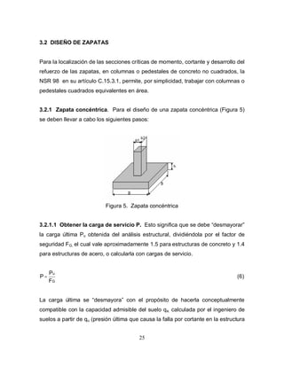 25
3.2 DISEÑO DE ZAPATAS
Para la localización de las secciones críticas de momento, cortante y desarrollo del
refuerzo de las zapatas, en columnas o pedestales de concreto no cuadrados, la
NSR 98 en su artículo C.15.3.1, permite, por simplicidad, trabajar con columnas o
pedestales cuadrados equivalentes en área.
3.2.1 Zapata concéntrica. Para el diseño de una zapata concéntrica (Figura 5)
se deben llevar a cabo los siguientes pasos:
Figura 5. Zapata concéntrica
3.2.1.1 Obtener la carga de servicio P. Esto significa que se debe “desmayorar”
la carga última Pu obtenida del análisis estructural, dividiéndola por el factor de
seguridad FG, el cual vale aproximadamente 1.5 para estructuras de concreto y 1.4
para estructuras de acero, o calcularla con cargas de servicio.
G
u
F
P
P= (6)
La carga última se “desmayora” con el propósito de hacerla conceptualmente
compatible con la capacidad admisible del suelo qa, calculada por el ingeniero de
suelos a partir de qu (presión última que causa la falla por cortante en la estructura
 