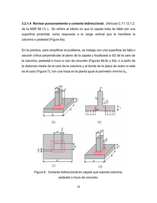 28
3.2.1.4 Revisar punzonamiento o cortante bidireccional. (Artículo C.11.12.1.2.
de la NSR 98 (1) ). Se refiere al efecto en que la zapata trata de fallar por una
superficie piramidal, como respuesta a la carga vertical que le transfiere la
columna o pedestal (Figura 6a).
En la práctica, para simplificar el problema, se trabaja con una superficie de falla o
sección crítica perpendicular al plano de la zapata y localizada a d/2 de la cara de
la columna, pedestal o muro si son de concreto (Figuras 6b,6c y 6d), o a partir de
la distancia media de la cara de la columna y el borde de la placa de acero si este
es el caso (Figura 7); con una traza en la planta igual al perímetro mínimo bo.
Figura 6. Cortante bidireccional en zapata que soporta columna,
pedestal o muro de concreto.
 