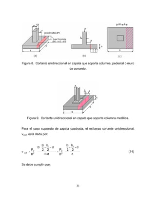 31
Figura 8. Cortante unidireccional en zapata que soporta columna, pedestal o muro
de concreto.
Figura 9. Cortante unidireccional en zapata que soporta columna metálica.
Para el caso supuesto de zapata cuadrada, el esfuerzo cortante unidireccional,
νuud, está dada por:
d
d-
2
b
-
2
B
B
P
dB
d-
2
b
-
2
B
B
B
P
1
2
U
1
2
U
uud






=






= (14)
Se debe cumplir que:
 
