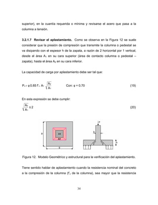 34
superior), en la cuantía requerida o mínima y revisarse el acero que pasa a la
columna a tensión.
3.2.1.7 Revisar el aplastamiento. Como se observa en la Figura 12 se suele
considerar que la presión de compresión que transmite la columna o pedestal se
va disipando con el espesor h de la zapata, a razón de 2 horizontal por 1 vertical,
desde el área A1 en su cara superior (área de contacto columna o pedestal –
zapata), hasta el área A2 en su cara inferior.
La capacidad de carga por aplastamiento debe ser tal que:
1
2
1cu
A
A
Af'0.85P φ< Con: φ = 0.70 (19)
En esta expresión se debe cumplir:
2
A
A
1
2
≤ (20)
Figura 12. Modelo Geométrico y estructural para la verificación del aplastamiento.
Tiene sentido hablar de aplastamiento cuando la resistencia nominal del concreto
a la compresión de la columna (f’c de la columna), sea mayor que la resistencia
 