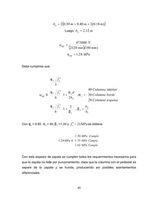 40
( ))18.0(240.030.02 mmmbo ++=
Luego: mbo 12.2=
( ) )180(2120
473000
mmmm
N
up =υ
MPaup 24.1=υ
Debe cumplirse que:












=





+
′





=





+
′
′
≤
1
2
,
2
1
6
20
30
interior40
,
2
1
6
3
b
bf
esquinaColumna
bordeColumna
Columna
b
df
f
c
c
cv
s
o
scv
cv
up
β
β
φ
α
αφ
φ
υ
Con vφ = 0.85, sα = 40, cβ =1.33 y MPafc 21=′ se obtiene:





≤
CumpleMPa
CumpleMPa
CumpleMPa
MPa
62.1
75.1
30.1
24.1
Con este espesor de zapata se cumplen todos los requerimientos necesarios para
que la zapata no falle por punzonamiento, ósea que la columna con el pedestal se
separe de la zapata y se hunda, produciendo así posibles asentamientos
diferenciales.
 