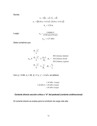 71
Donde:
( ) ( )( )dldbb cco +++= 2
( )( )( )mmmmbo 33.050.033.050.02 +++=
m3.32bo =
Luego:
)330)(3320(
1380000
mmmm
N
up =υ
MPaup 27.1=υ
Debe cumplirse que:












=





+
′





=





+
′
′
≤
p
p
c
c
cv
s
o
scv
cv
up
l
bf
esquinaColumna
bordeColumna
Columna
b
df
f
β
β
φ
α
αφ
φ
υ
,
2
1
6
20
30
interior40
,
2
1
6
3
Con v
φ = 0.85, s
α = 40, c
β =1 y MPafc 21=′ se obtiene:





≤
CumpleMPa
CumpleMPa
CumpleMPa
MPa
95.1
1.94
30.1
26.1
Cortante directo sección critica a del pedestal (cortante unidireccional)
El cortante directo se evalúa para la condición de carga más alta.
 