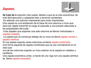 Zapatas
Se trata de la solución más usada, debido a que es la más económica, de
más fácil ejecución y adaptarse bien a terrenos resistentes.
Es además una solución interesante para luces importantes.
Una zapata es una ampliación de la base de una columna o muro que
tiene por objeto transmitir la carga al subsuelo a una presión adecuada a
las propiedades del suelo.
A las zapatas que soportan una sola columna se llaman individuales o
zapatas aisladas.
La zapata que se construye debajo de un muro se llama zapata corrida o
zapata continua.
Si una zapata soporta varias columnas se llama zapata combinada.
Una forma especial de zapata combinada que se usa normalmente en el
caso que
una de las columnas soporte un muro exterior es la zapata en voladizo o
cantiléver.
Una zapata excéntrica unida a través de una viga con una zapata céntrica
se llama zapata conectada
 