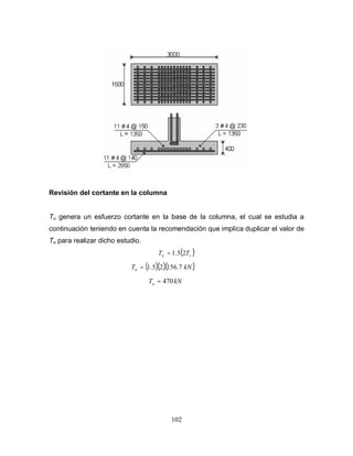 102
Revisión del cortante en la columna
Tu genera un esfuerzo cortante en la base de la columna, el cual se estudia a
continuación teniendo en cuenta la recomendación que implica duplicar el valor de
Tu para realizar dicho estudio.
( )
s
u T
T 2
5
.
1
=
( )( )( )
kN
Tu 7
.
156
2
5
.
1
=
kN
Tu 470
=
 