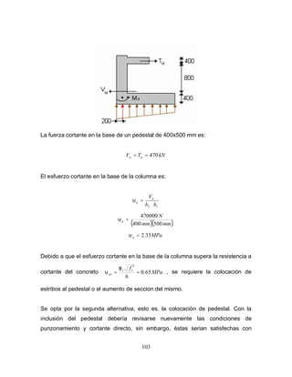 103
La fuerza cortante en la base de un pedestal de 400x500 mm es:
kN
T
V u
u 470
=
=
El esfuerzo cortante en la base de la columna es:
1
2 b
b
Vu
u
⋅
=
υ
( )( )
mm
mm
N
u
500
400
470000
=
υ
MPa
u 35
.
2
=
υ
Debido a que el esfuerzo cortante en la base de la columna supera la resistencia a
cortante del concreto








=
′
= MPa
fc
v
cu 65
.
0
6
φ
υ , se requiere la colocación de
estribos al pedestal o el aumento de seccion del mismo.
Se opta por la segunda alternativa, esto es, la colocación de pedestal. Con la
inclusión del pedestal debería revisarse nuevamente las condiciones de
punzonamiento y cortante directo, sin embargo, éstas serian satisfechas con
 