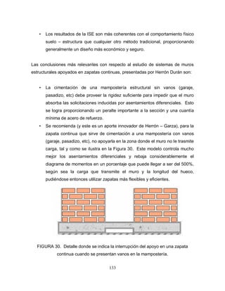 133
• Los resultados de la ISE son más coherentes con el comportamiento físico
suelo – estructura que cualquier otro método tradicional, proporcionando
generalmente un diseño más económico y seguro.
Las conclusiones más relevantes con respecto al estudio de sistemas de muros
estructurales apoyados en zapatas continuas, presentadas por Herrón Durán son:
• La cimentación de una mampostería estructural sin vanos (garaje,
pasadizo, etc) debe proveer la rigidez suficiente para impedir que el muro
absorba las solicitaciones inducidas por asentamientos diferenciales. Esto
se logra proporcionando un peralte importante a la sección y una cuantía
mínima de acero de refuerzo.
• Se recomienda (y este es un aporte innovador de Herrón – Garza), para la
zapata continua que sirve de cimentación a una mampostería con vanos
(garaje, pasadizo, etc), no apoyarla en la zona donde el muro no le trasmite
carga, tal y como se ilustra en la Figura 30. Este modelo controla mucho
mejor los asentamientos diferenciales y rebaja considerablemente el
diagrama de momentos en un porcentaje que puede llegar a ser del 500%,
según sea la carga que transmite el muro y la longitud del hueco,
pudiéndose entonces utilizar zapatas más flexibles y eficientes.
FIGURA 30. Detalle donde se indica la interrupción del apoyo en una zapata
continua cuando se presentan vanos en la mampostería.
 