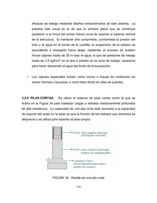 141
eficaces de trabajo mediante diseños extraordinarios de este sistema. La
práctica más usual es la de que la primera placa que se construye
(posterior a la hinca del primer tramo) sirva de soporte al sistema vertical
de la estructura. El mantener aire comprimido, contrarresta la presión del
lodo y el agua en el borde de la cuchilla; la suspensión de la presión es
equivalente a empujarlo hacia abajo; repitiendo el proceso se pueden
hincar cajones hasta de 35 m bajo el agua, lo que da presiones de trabajo
hasta de 3.5 kgf/cm2
en el aire a presión en la zona de trabajo, necesaria
para hacer descender el agua del fondo de la excavación.
• Los cajones especiales actúan como muros o diques de contención en
zonas marinas o lacustres, o como falso fondo en pilas de puentes.
3.2.9 PILAS CORTAS. Se utiliza el sistema de pilas cortas como la que se
ilustra en la Figura 34 para trasladar cargas a estratos medianamente profundos
de alta resistencia. La capacidad de una pila corta está asociada a la capacidad
de soporte del suelo en la base ya que la fricción de los estratos que atraviesa se
desprecia o se utiliza para soportar el peso propio.
FIGURA 34. Detalle de una pila corta
 