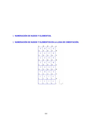 181
§ NUMERACIÓN DE NUDOS Y ELEMENTOS.
§ NUMERACIÓN DE NUDOS Y ELEMENTOS EN LA LOSA DE CIMENTACIÓN.
 