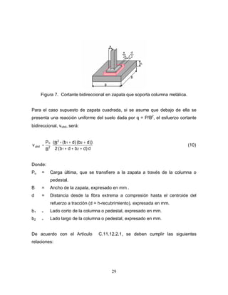 29
Figura 7. Cortante bidireccional en zapata que soporta columna metálica.
Para el caso supuesto de zapata cuadrada, si se asume que debajo de ella se
presenta una reacción uniforme del suelo dada por q = P/B2
, el esfuerzo cortante
bidireccional, νubd, será:
d
d)
b
d
(b
2
d))
(b
d)
(b
-
B
(
B
P
2
1
2
1
2
2
u
ubd
+
+
+
+
+
=
ν (10)
Donde:
Pu = Carga última, que se transfiere a la zapata a través de la columna o
pedestal.
B = Ancho de la zapata, expresado en mm .
d = Distancia desde la fibra extrema a compresión hasta el centroide del
refuerzo a tracción (d = h-recubrimiento), expresada en mm.
b1 = Lado corto de la columna o pedestal, expresado en mm.
b2 = Lado largo de la columna o pedestal, expresado en mm.
De acuerdo con el Artículo C.11.12.2.1, se deben cumplir las siguientes
relaciones:
 