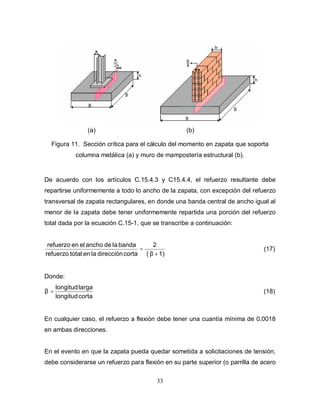 33
(a) (b)
Figura 11. Sección crítica para el cálculo del momento en zapata que soporta
columna metálica (a) y muro de mampostería estructural (b).
De acuerdo con los artículos C.15.4.3 y C15.4.4, el refuerzo resultante debe
repartirse uniformemente a todo lo ancho de la zapata, con excepción del refuerzo
transversal de zapata rectangulares, en donde una banda central de ancho igual al
menor de la zapata debe tener uniformemente repartida una porción del refuerzo
total dada por la ecuación C.15-1, que se transcribe a continuación:
1)
(
2
corta
dirección
la
en
total
refuerzo
banda
la
de
ancho
el
en
refuerzo
+
β
= (17)
Donde:
corta
longitud
larga
longitud
= (18)
En cualquier caso, el refuerzo a flexión debe tener una cuantía mínima de 0.0018
en ambas direcciones.
En el evento en que la zapata pueda quedar sometida a solicitaciones de tensión,
debe considerarse un refuerzo para flexión en su parte superior (o parrilla de acero
 