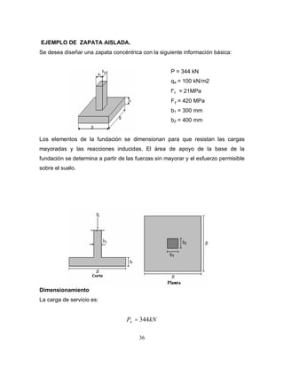 36
EJEMPLO DE ZAPATA AISLADA.
Se desea diseñar una zapata concéntrica con la siguiente información básica:
P = 344 kN
qa = 100 kN/m2
f′c = 21MPa
Fy = 420 MPa
b1 = 300 mm
b2 = 400 mm
Los elementos de la fundación se dimensionan para que resistan las cargas
mayoradas y las reacciones inducidas. El área de apoyo de la base de la
fundación se determina a partir de las fuerzas sin mayorar y el esfuerzo permisible
sobre el suelo.
Dimensionamiento
La carga de servicio es:
kN
Ps 344
=
 
