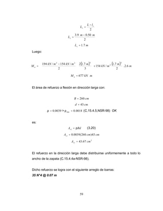 59
2
c
v
l
L
L
−
=
2
50
.
0
9
.
3 m
m
Lv
−
=
m
Lv 7
.
1
=
Luego:
( ) ( ) m
m
m
kN
m
m
kN
m
kN
M u 6
.
2
.
2
7
.
1
/
154
3
7
.
1
2
2
/
154
/
194
2
2
2
2
2








+















 −
=
m
kN
Mu ⋅
= 677
El área de refuerzo a flexión en dirección larga con:
cm
B 260
=
cm
d 43
=
0039
.
0
=
ρ > 0018
.
0
min =
ρ (C.15.4.5,NSR-98) OK
es:
Bd
A l
s ρ
= (3.20)
cm
cm
A l
s 43
)
260
(
0039
.
0
=
2
67
.
43 cm
A l
s =
El refuerzo en la dirección larga debe distribuirse uniformemente a todo lo
ancho de la zapata (C.15.4.4a-NSR-98).
Dicho refuerzo se logra con el siguiente arreglo de barras:
35 N°4 @ 0.07 m
 