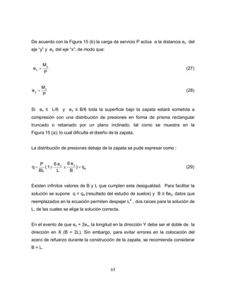 65
De acuerdo con la Figura 15 (b) la carga de servicio P actúa a la distancia ex del
eje “y” y ey del eje “x”; de modo que:
P
M
e
y
x = (27)
P
M
e x
y = (28)
Si ex ≤ L/6 y ey ≤ B/6 toda la superficie bajo la zapata estará sometida a
compresión con una distribución de presiones en forma de prisma rectangular
truncado o rebanado por un plano inclinado, tal como se muestra en la
Figura 15 (a); lo cual dificulta el diseño de la zapata.
La distribución de presiones debajo de la zapata se pude expresar como :
a
y
x
q
)
B
e
6
L
e
6
1
(
BL
P
q <
±
±
= (29)
Existen infinitos valores de B y L que cumplen esta desigualdad. Para facilitar la
solución se supone q = qa (resultado del estudio de suelos) y B ≥ 6ey, datos que
reemplazados en la ecuación permiten despejar L2
, dos raíces para la solución de
L, de las cuales se elige la solución correcta.
En el evento de que ey = 2ex, la longitud en la dirección Y debe ser el doble de la
dirección en X (B = 2L). Sin embargo, para evitar errores en la colocación del
acero de refuerzo durante la construcción de la zapata, se recomienda considerar
B = L.
 