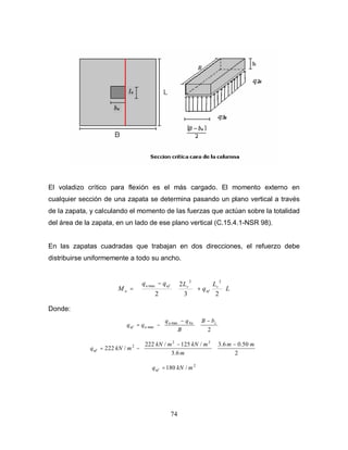 74
El voladizo crítico para flexión es el más cargado. El momento externo en
cualquier sección de una zapata se determina pasando un plano vertical a través
de la zapata, y calculando el momento de las fuerzas que actúan sobre la totalidad
del área de la zapata, en un lado de ese plano vertical (C.15.4.1-NSR 98).
En las zapatas cuadradas que trabajan en dos direcciones, el refuerzo debe
distribuirse uniformemente a todo su ancho.
L
L
q
L
q
q
M v
uf
v
uf
u
u








+















 −
=
2
3
2
2
2
2
max
Donde:





 −





 −
−
=
2
4
max
max
c
u
u
u
uf
b
B
B
q
q
q
q





 −







 −
−
=
2
50
.
0
6
.
3
6
.
3
/
125
/
222
/
222
2
2
2 m
m
m
m
kN
m
kN
m
kN
quf
2
/
180 m
kN
quf =
 