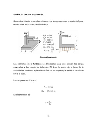 86
EJEMPLO ZAPATA MEDIANERA.
Se requiere diseñar la zapata medianera que se representa en la siguiente figura,
en la cual se anota la información Básica.
Dimensionamiento
Los elementos de la fundación se dimensionan para que resistan las cargas
mayoradas y las reacciones inducidas. El área de apoyo de la base de la
fundación se determina a partir de las fuerzas sin mayorar y el esfuerzo permisible
sobre el suelo.
Las cargas de servicio son:
kN
Ps 344
=
m
kN
M s ⋅
−
= 8
.
37
La excentricidad es:
s
s
P
M
e =
 