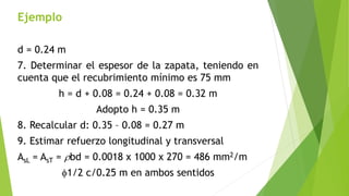 Ejemplo
d = 0.24 m
7. Determinar el espesor de la zapata, teniendo en
cuenta que el recubrimiento mínimo es 75 mm
h = d + 0.08 = 0.24 + 0.08 = 0.32 m
Adopto h = 0.35 m
8. Recalcular d: 0.35 – 0.08 = 0.27 m
9. Estimar refuerzo longitudinal y transversal
AsL = AsT = rbd = 0.0018 x 1000 x 270 = 486 mm2/m
f1/2 c/0.25 m en ambos sentidos
 