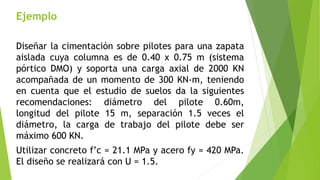 Ejemplo
Diseñar la cimentación sobre pilotes para una zapata
aislada cuya columna es de 0.40 x 0.75 m (sistema
pórtico DMO) y soporta una carga axial de 2000 KN
acompañada de un momento de 300 KN-m, teniendo
en cuenta que el estudio de suelos da la siguientes
recomendaciones: diámetro del pilote 0.60m,
longitud del pilote 15 m, separación 1.5 veces el
diámetro, la carga de trabajo del pilote debe ser
máximo 600 KN.
Utilizar concreto f’c = 21.1 MPa y acero fy = 420 MPa.
El diseño se realizará con U = 1.5.
 
