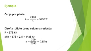 Ejemplo
Carga por pilote
𝐿 =
2300
4
= 575𝐾𝑁
Diseñar pilote como columna redonda
P = 575 KN
fPn = 575 x 2.5 = 1438 KN
𝑒 =
300
2000
= 0.15𝑚
 