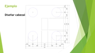 Ejemplo
Diseñar cabezal
0,15
0,6
0,9
0,6
0,15
0,45
0,375
0,75
0,375
0,45
2,4
0,15 0,6 0,9 0,6 0,15
0,45 0,55 0,4 0,55 0,45
2,4
 