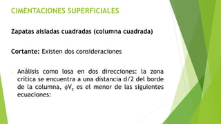 CIMENTACIONES SUPERFICIALES
Zapatas aisladas cuadradas (columna cuadrada)
Cortante: Existen dos consideraciones
- Análisis como losa en dos direcciones: la zona
crítica se encuentra a una distancia d/2 del borde
de la columna, fVc es el menor de las siguientes
ecuaciones:
 
