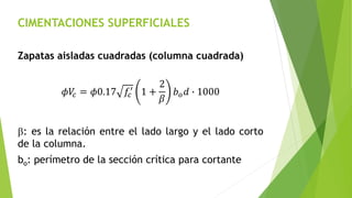 CIMENTACIONES SUPERFICIALES
Zapatas aisladas cuadradas (columna cuadrada)
𝜙𝑉
𝑐 = 𝜙0.17 𝑓𝑐
′
1 +
2
𝛽
𝑏𝑜𝑑 ∙ 1000
b: es la relación entre el lado largo y el lado corto
de la columna.
bo: perímetro de la sección crítica para cortante
 