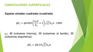 CIMENTACIONES SUPERFICIALES
Zapatas aisladas cuadradas (cuadrada)
𝜙𝑉
𝑐 = 𝜙0.083
𝛼𝑠𝑑
𝑏𝑜
+ 2 𝑓𝑐
′
𝑏𝑜𝑑 ∙ 1000
as: 40 (columna interna), 30 (columnas al borde), 20
(columnas esquineras)
𝜙𝑉
𝑐 = 𝜙0.33 𝑓𝑐
′
𝑏𝑜𝑑
 