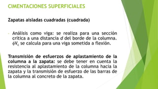 CIMENTACIONES SUPERFICIALES
Zapatas aisladas cuadradas (cuadrada)
- Análisis como viga: se realiza para una sección
crítica a una distancia d del borde de la columna.
fVc se calcula para una viga sometida a flexión.
Transmisión de esfuerzos de aplastamiento de la
columna a la zapata: se debe tener en cuenta la
resistencia al aplastamiento de la columna hacia la
zapata y la transmisión de esfuerzo de las barras de
la columna al concreto de la zapata.
 
