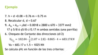 Ejemplo
7. h = d +0.08 = 0.76 m ≈ 0.75 m
8. Recalcular d, d = 0.67
9. AsL = AsT = rbd = 0.0018 x 2800 x 670 = 3377 mm2
17 f 5/8 ó f5/8 c/0.17 m ambos sentidos (una parrilla)
6. Chequeo de Cortante dos direcciones (d/2)
𝑉𝑑
2
= 102.04 ∙
1
2
1.07 + 2.8 ∙ 0.865 ∙ 4 = 683.17𝐾𝑁
Vu = 683.17 x 1.5 = 1025 KN
Se calcula fVc en función de los tres criterios:
 