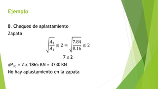 Ejemplo
8. Chequeo de aplastamiento
Zapata
𝐴2
𝐴1
≤ 2 =
7.84
0.16
≤ 2
7 ≤ 2
fPnb = 2 x 1865 KN = 3730 KN
No hay aplastamiento en la zapata
 