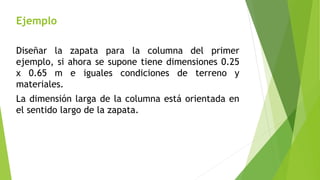 Ejemplo
Diseñar la zapata para la columna del primer
ejemplo, si ahora se supone tiene dimensiones 0.25
x 0.65 m e iguales condiciones de terreno y
materiales.
La dimensión larga de la columna está orientada en
el sentido largo de la zapata.
 