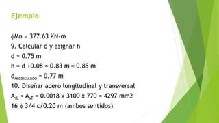 Ejemplo
fMn = 377.63 KN-m
9. Calcular d y asignar h
d = 0.75 m
h = d +0.08 = 0.83 m ≈ 0.85 m
drecalculado = 0.77 m
10. Diseñar acero longitudinal y transversal
AsL = AsT = 0.0018 x 3100 x 770 = 4297 mm2
16 f 3/4 c/0.20 m (ambos sentidos)
 