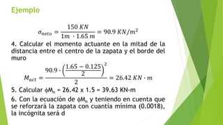 Ejemplo
𝜎𝑛𝑒𝑡𝑜 =
150 𝐾𝑁
1𝑚 ∙ 1.65 𝑚
= 90.9 𝐾𝑁/𝑚2
4. Calcular el momento actuante en la mitad de la
distancia entre el centro de la zapata y el borde del
muro
𝑀𝑎𝑐𝑡 =
90.9 ∙
1.65 − 0.125
2
2
2
= 26.42 𝐾𝑁 ∙ 𝑚
5. Calcular fMn = 26.42 x 1.5 = 39.63 KN-m
6. Con la ecuación de fMn y teniendo en cuenta que
se reforzará la zapata con cuantía mínima (0.0018),
la incógnita será d
 